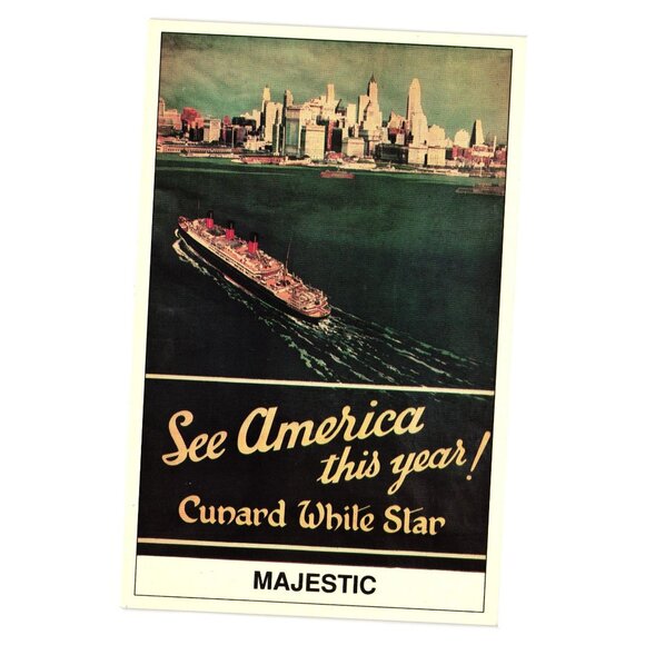 Cunard White Star See America Poster Postcard Majestic Ship Marine Art 1990 - Picture 1 of 2